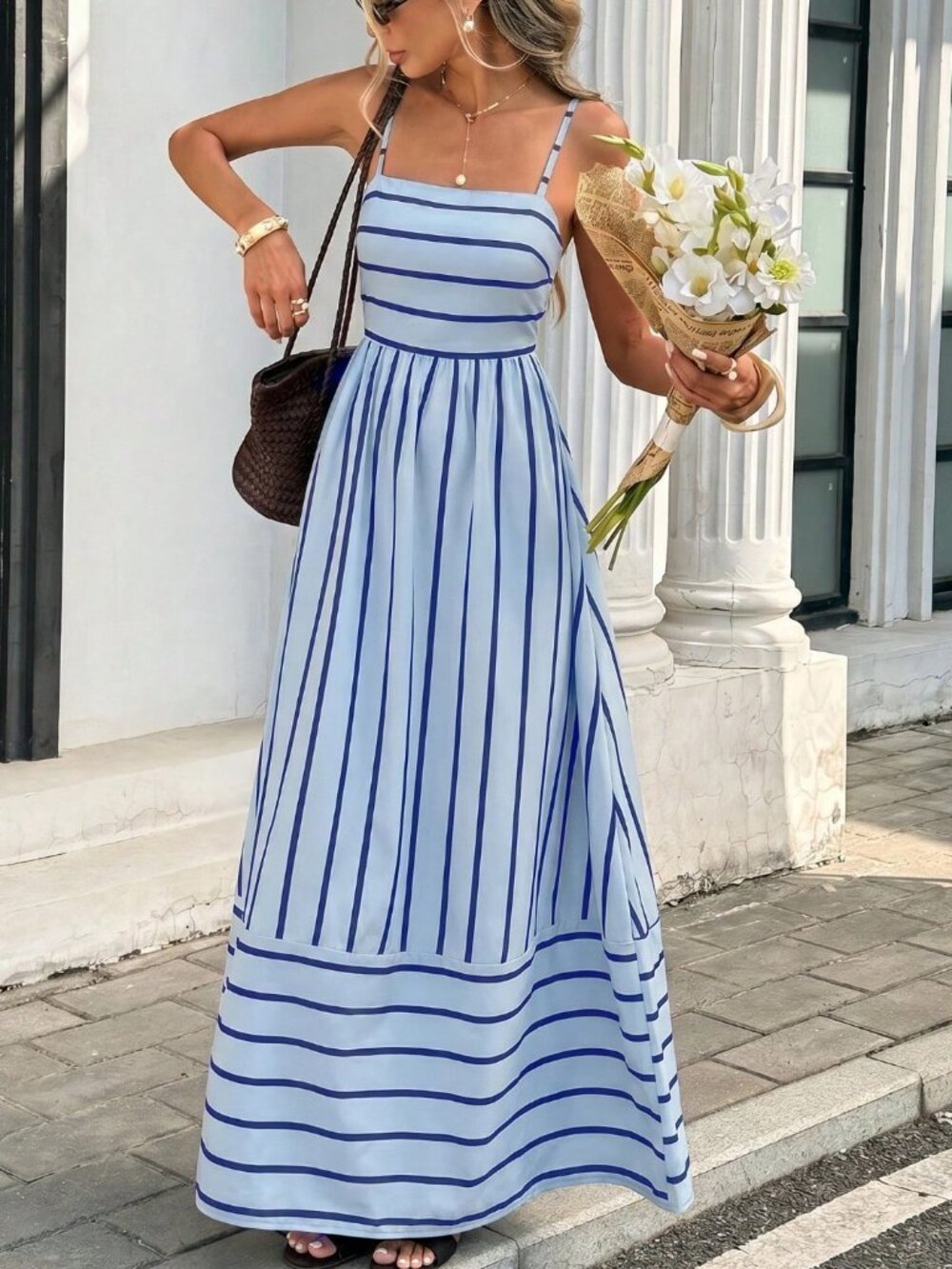 Blue Striped Casual Spaghetti Strap Women's Vacation Dress - Picture 1 of 8
